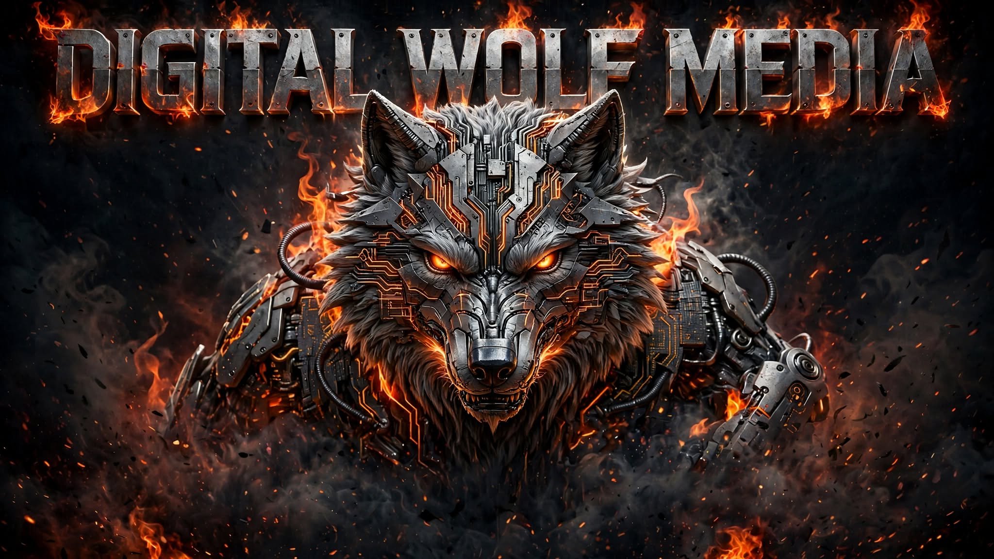 Digital Wolf Media official art — a fierce cybernetic wolf head with glowing orange eyes, fire and blue-purple lightning on a dark cinematic background