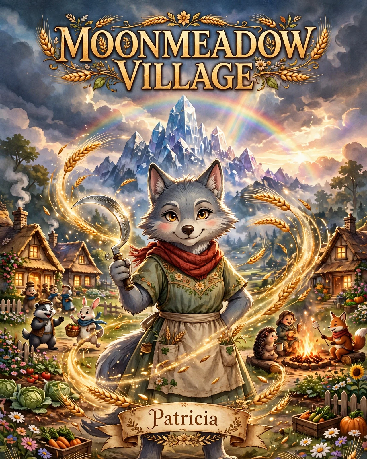 Moonmeadow Village poster — Patricia, a wolf farmer holding a basket of carrots, in a bright flower-filled meadow
