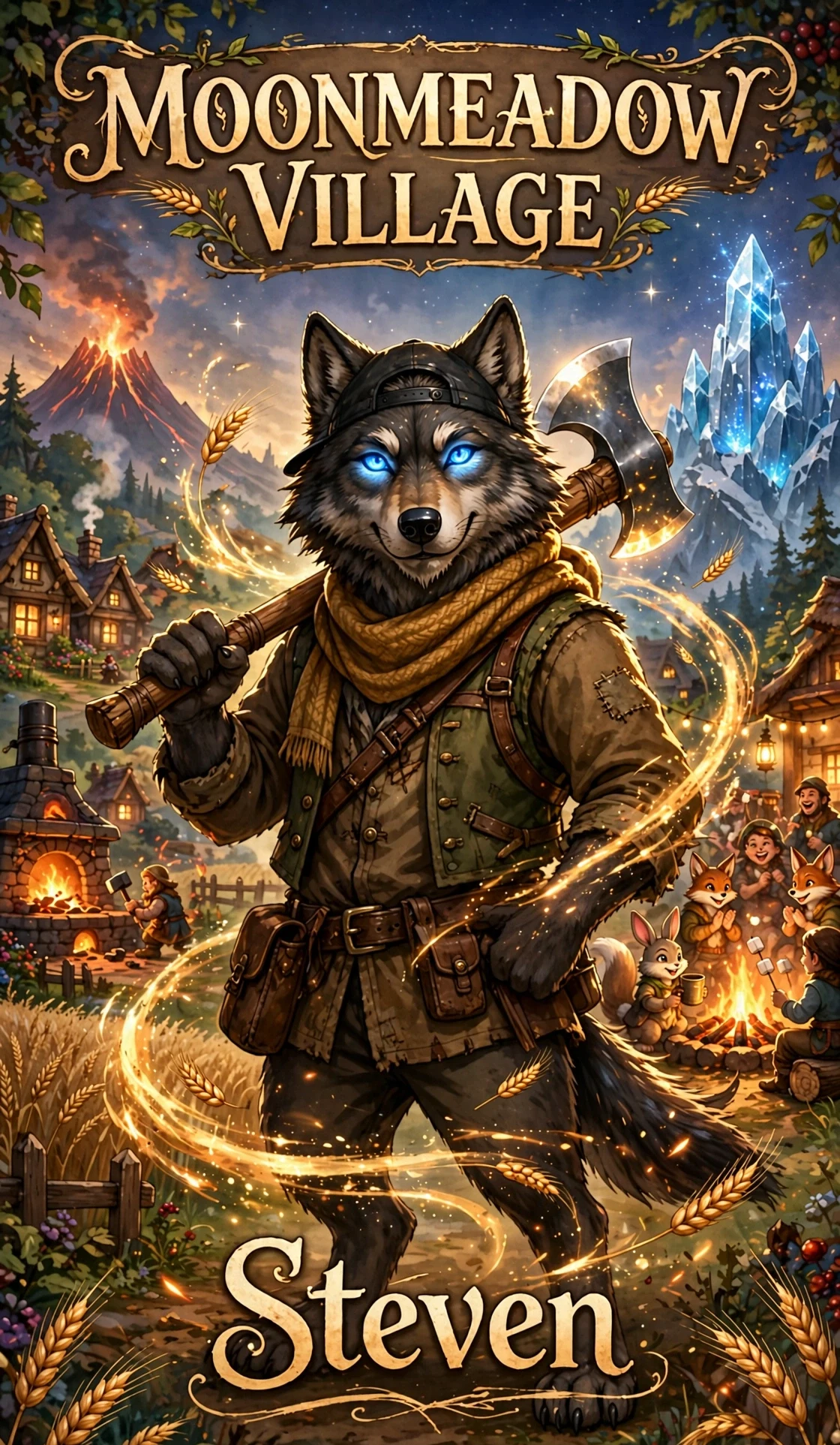 Moonmeadow Village poster — Steven, a wolf farmer with a scythe, standing in a golden wheat field at dusk